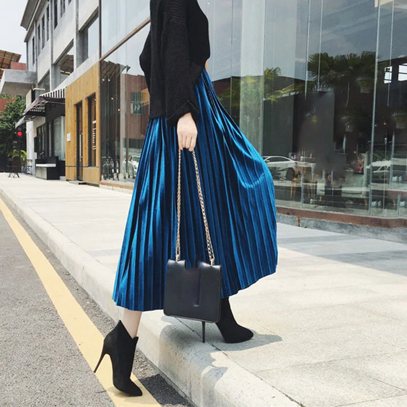 Cartoonh Vintage Velvet Pleated Skirt for Women 2023 Spring New Long High Waist Skirts Korean Fashion A-line Midi Skirt Female