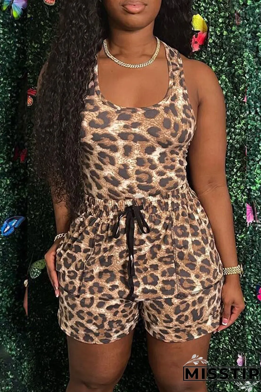 Brown Sexy Casual Print Leopard Basic U Neck Sleeveless Two Pieces