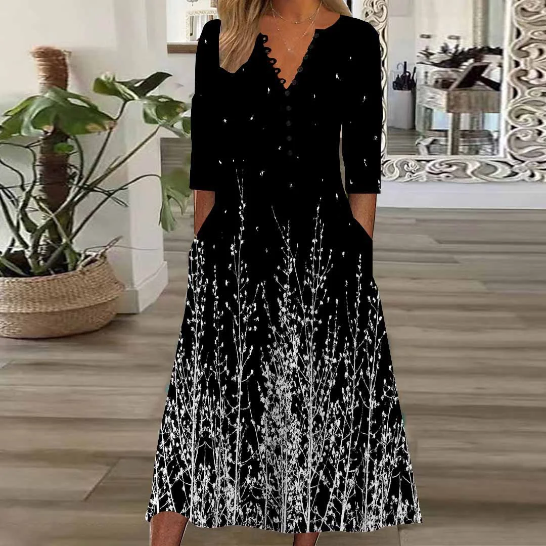 Women Floral,Black DZHB8350 Long Sleeve V-Neck Graphic Printed Midi Dress