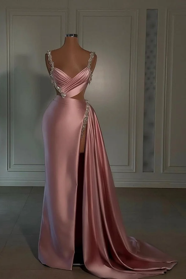 Daisda Pink Sleeveless Spaghetti Straps V-Neck Beads Mermaid Prom Dress