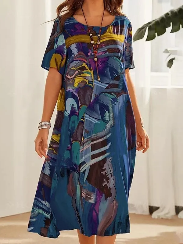 A-Line Loose Printed Round-Neck Midi Dresses