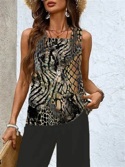 Women's Sleeveless Square Collar Graphic Printed Casual Set