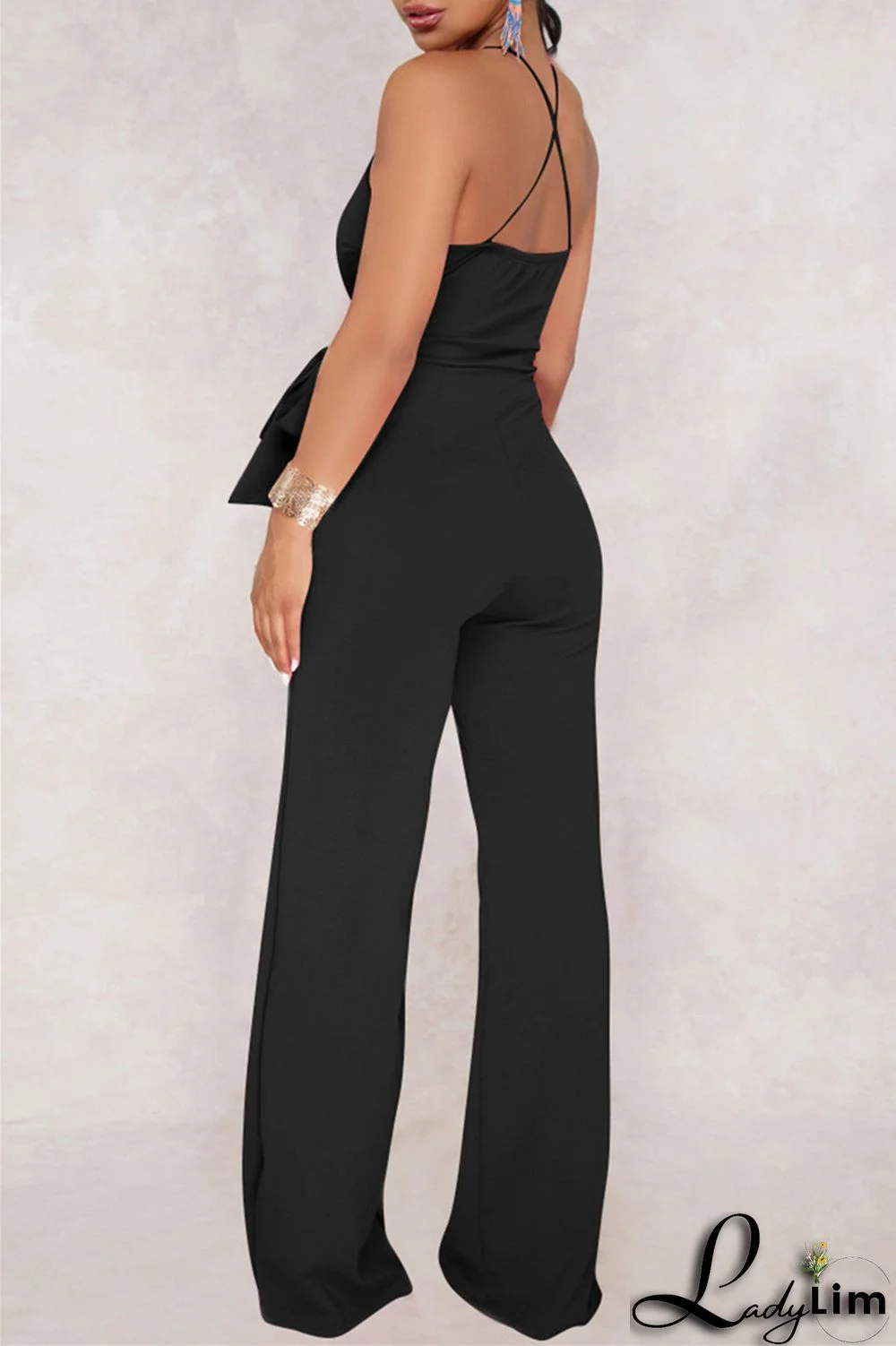 Army Green Sexy Casual Solid Backless V Neck Regular Jumpsuits