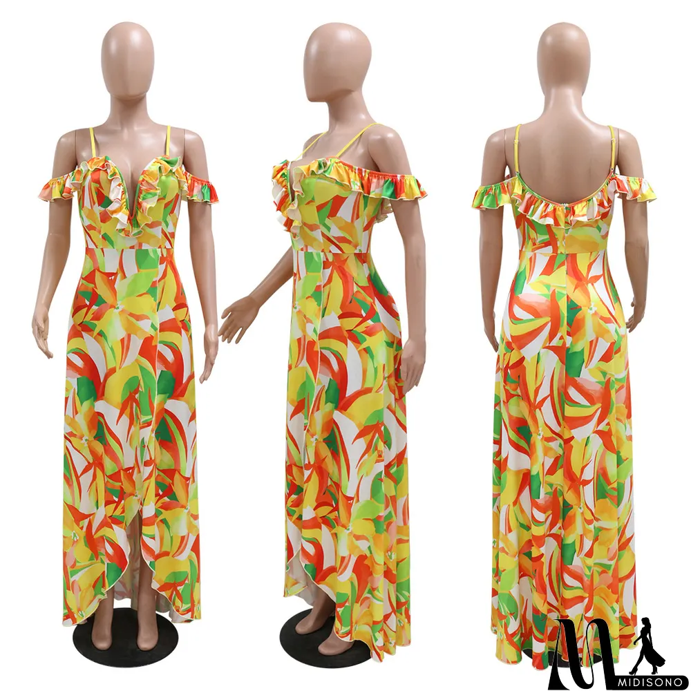 MidiSono - Sexy v-neck sling irregular print summer fashion dress