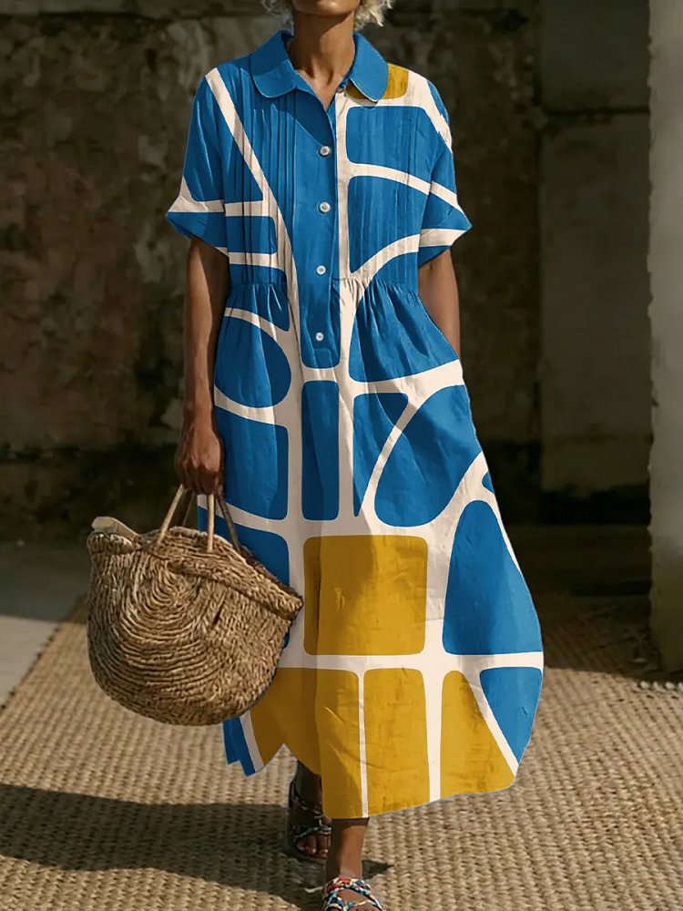 Women's Abstract Geometric Art Print Casual Short Sleeve Small Collared Linen Dress