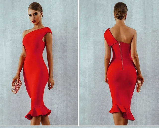 2021 New Summer Women Bandage Dress Sexy One Shoulder Sleeveless Ruffles Nightclub Celebrity Evening Party Mermaid Dresses H44