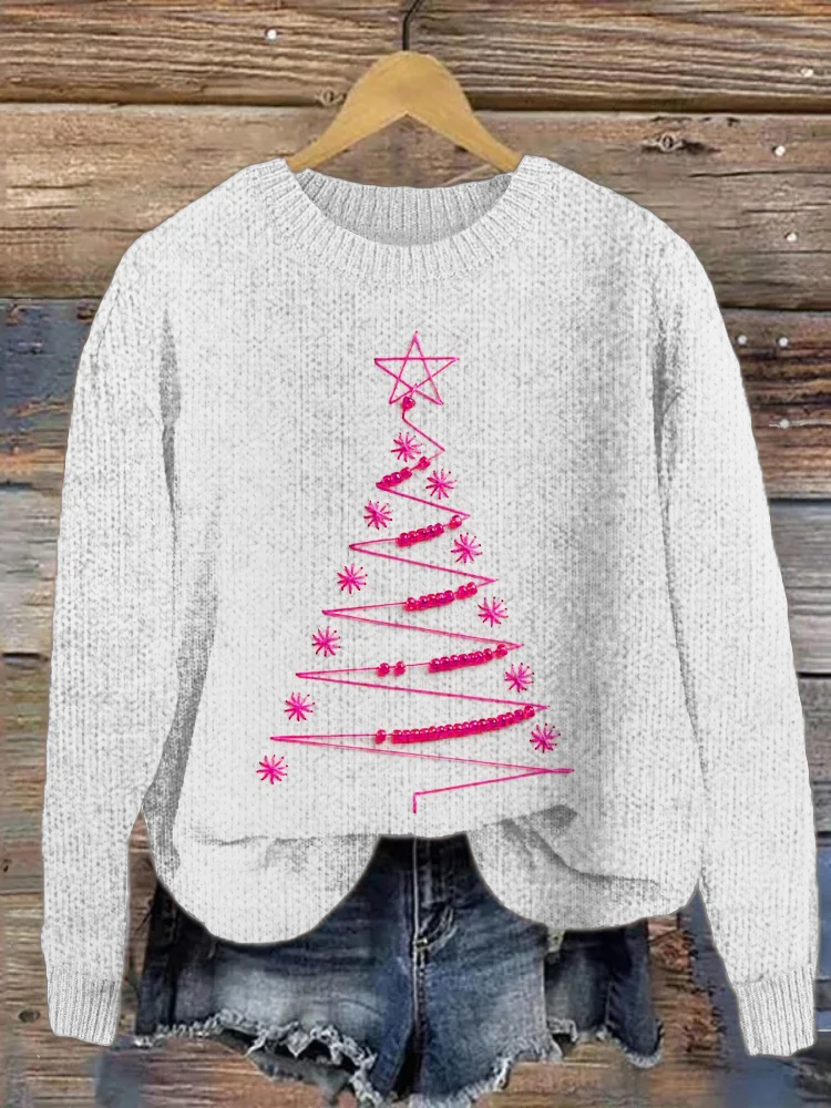 Beaded Embroidery Christmas Tree Women's Cozy Sweater