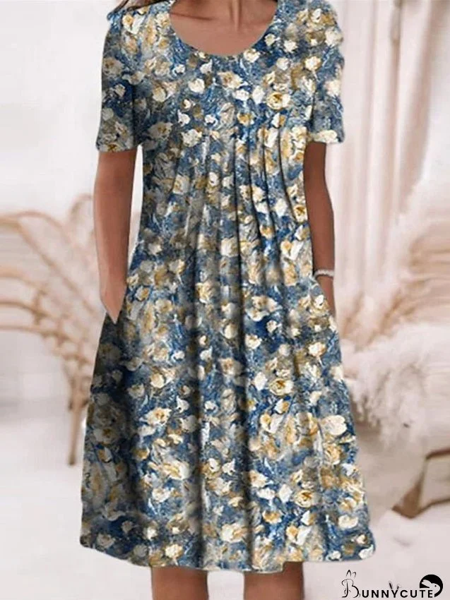 Casual Dress Shift Dress Midi Dress Blue Short Sleeve Floral Ruched Spring Summer Crew Neck Casual Loose Fit S M L XL XXL 3XL for Women