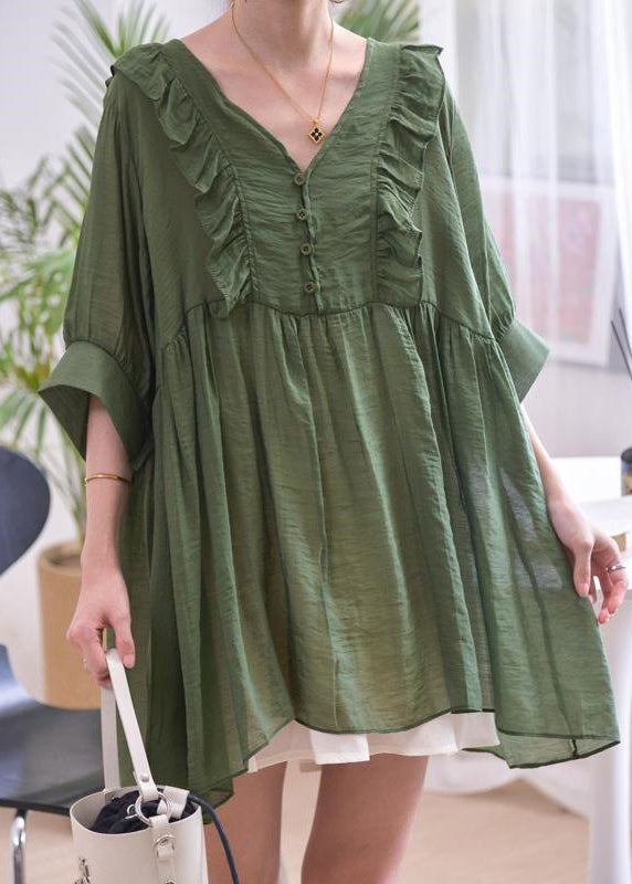 VCSHOES Loose Blackish Green V Neck Ruffled Cotton Shirts Summer