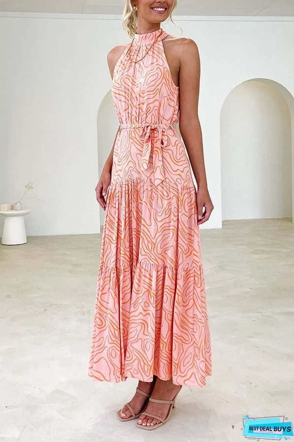 Elegant Loose Fashion Trend Print Lace Up Swing Dress