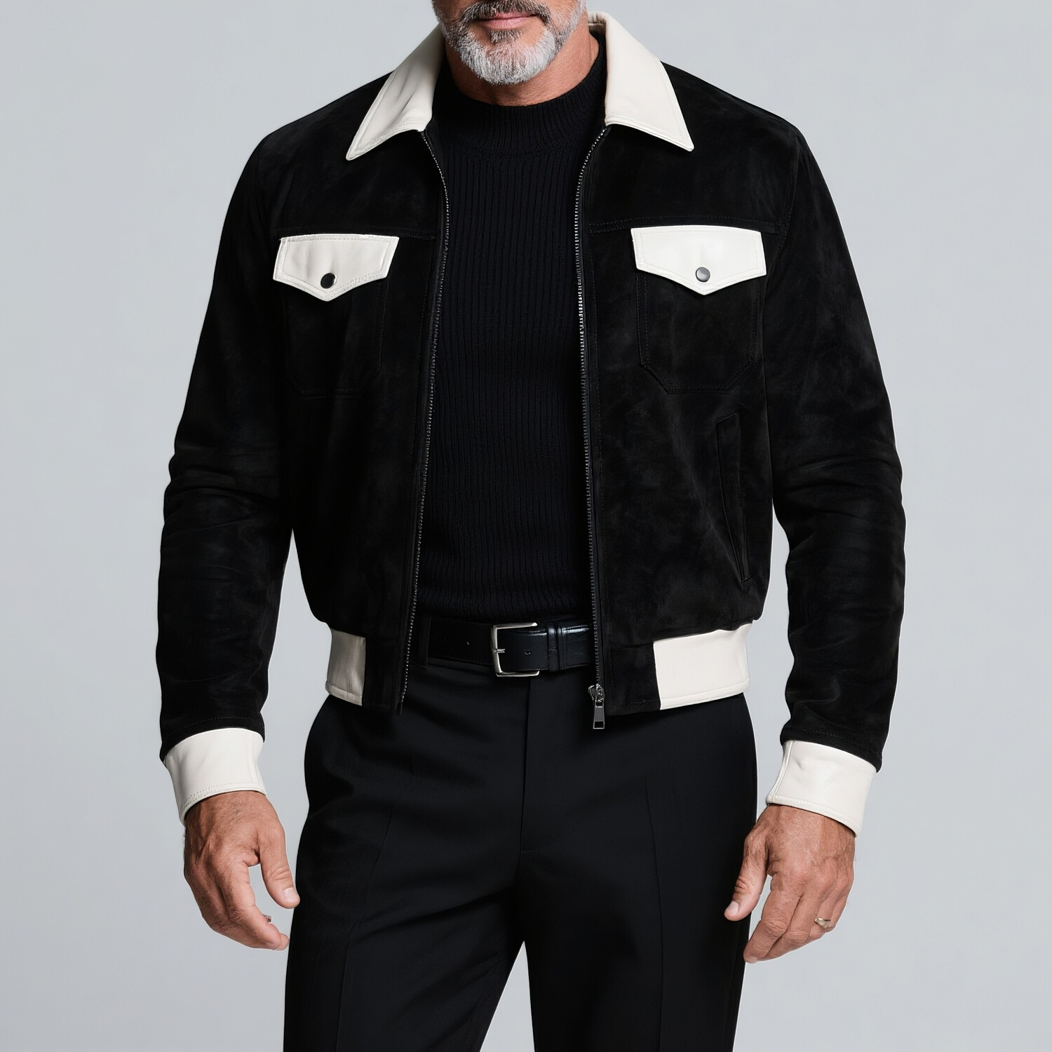 Men's Contrast PU Leather Trim Turndown Collar Flap Pocket Zip Up Suede Jacket