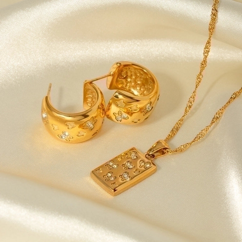 IG Style Butterfly 304 Stainless Steel Rhinestones 18K Gold Plated Inlay Earrings Necklace