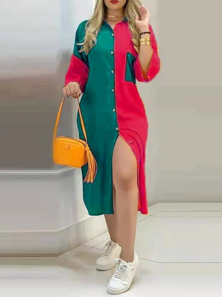 Women's V-neck Long Sleeve Printed Midi Dresa