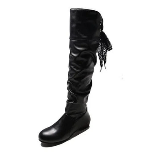 Woman Knee High Boots Red Black White Tall Boots Woman Pleated Low Heel Casual Leather Autunm Winter Female Long Shoe Women