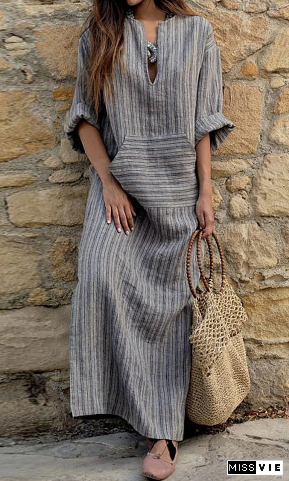 Cotton Linen Yarn Dyed Stripe Loose Long Dress