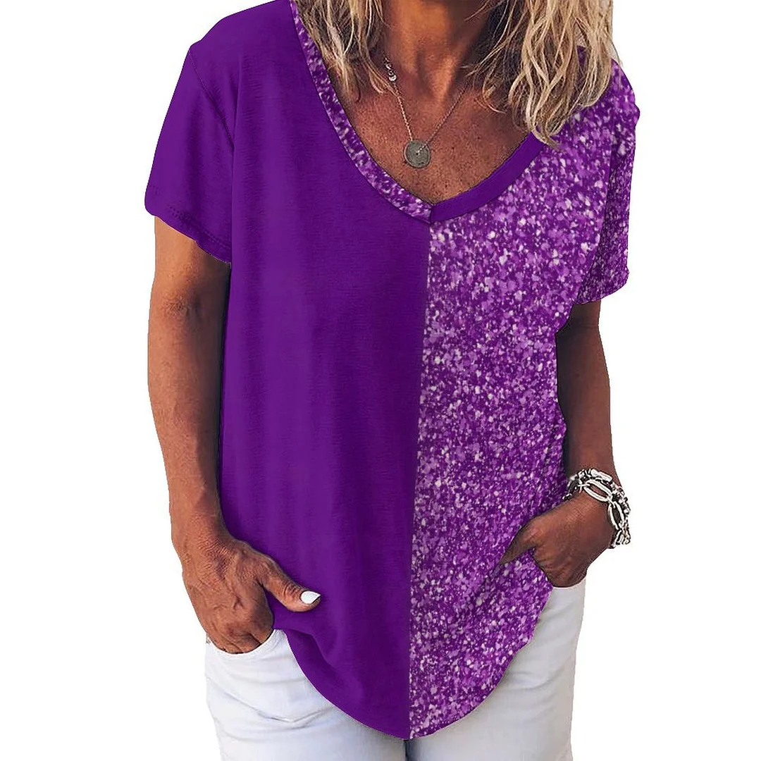 V-neck Short Sleeve Casual T-shirt for  Women Printed with Pattern Purple, Patchwork, Glitter