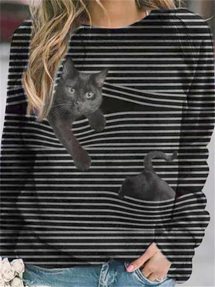 Striped Round Neck Tops Women's Cat Print Long Sleeve T-shirt Gray Purple Yellow Blue S M L XL 2XL 3XL 4XL 5XL