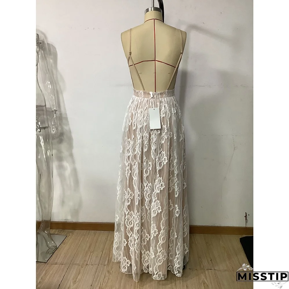 Women Summer Elegant V-Neck Backless Mesh Maxi Dress