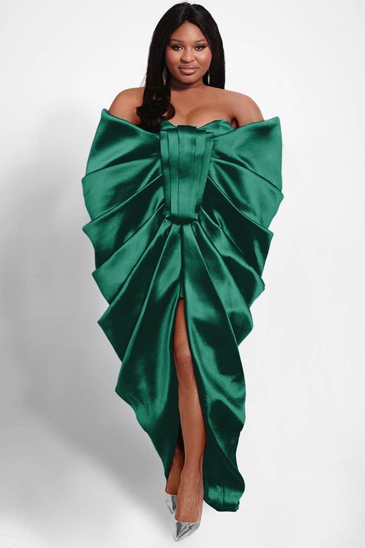 Xpluswear Design Plus Size Green Formal Satin Off The Shoulder Fold Maxi Dress [Pre-Order]