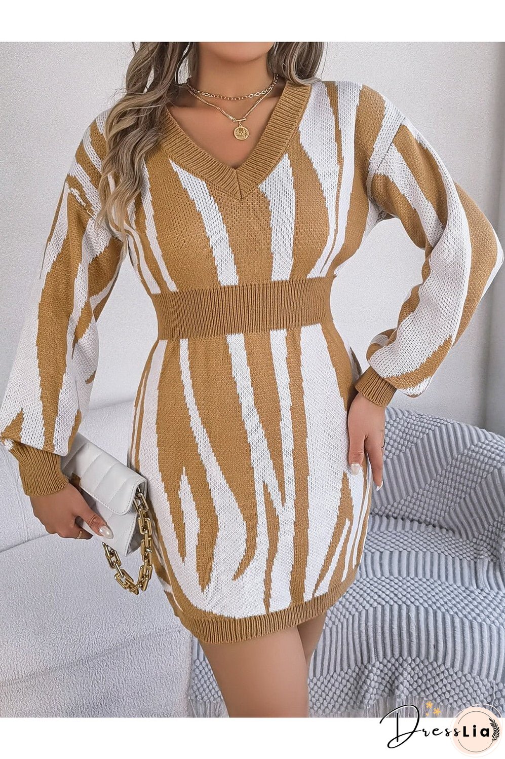 Animal Print V-Neck Long Sleeve Sweater Dress