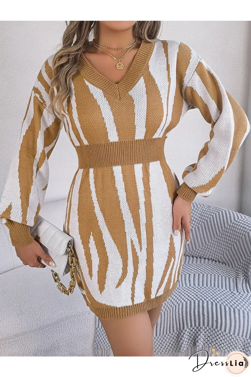 Animal Print V-Neck Long Sleeve Sweater Dress