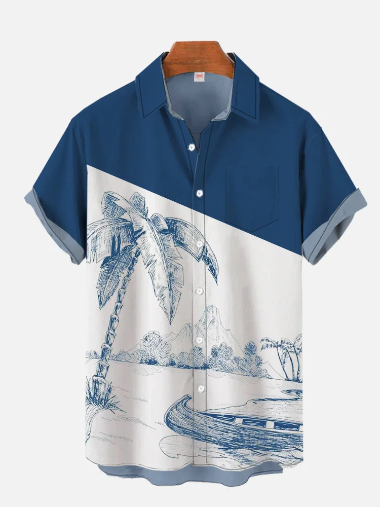 Blue And White Matching Hand Drawn Hawaiian Palm Sea Beach Printing Short Sleeve Shirt