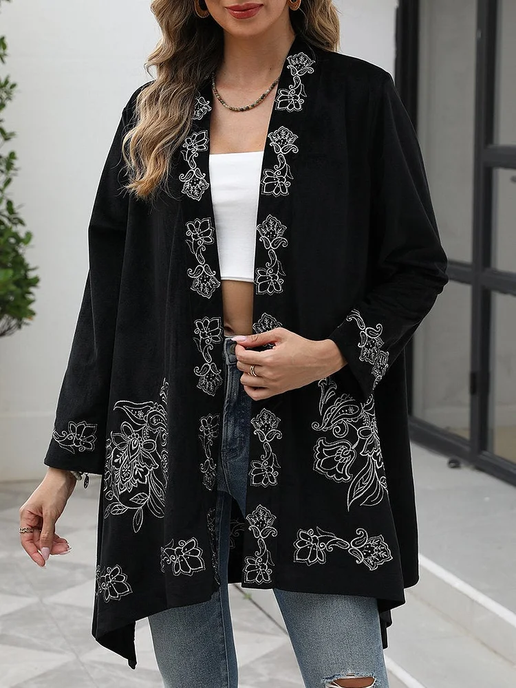 Women's Boho Embroidery Cardigan Outwear Black