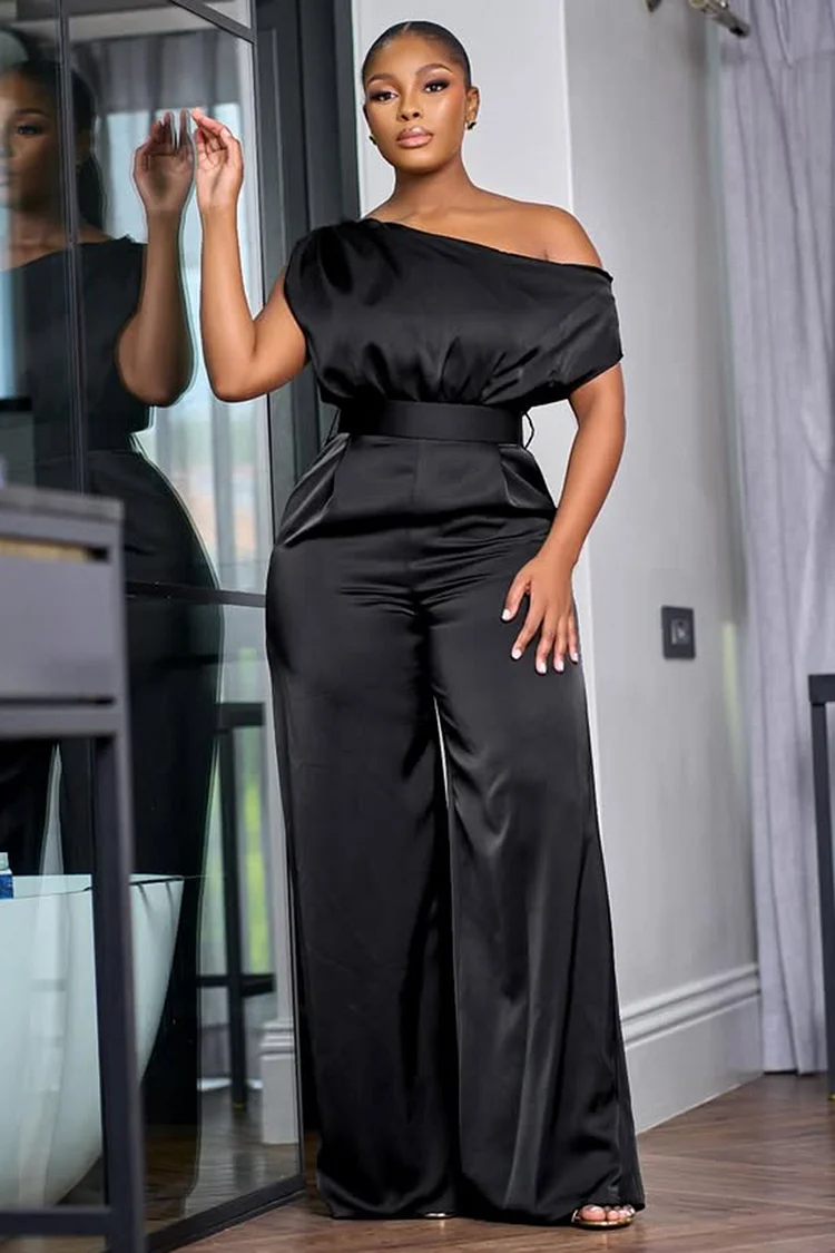 Boat Neck Cinch Waist Party Wide Leg Jumpsuit-Black [Pre Order]