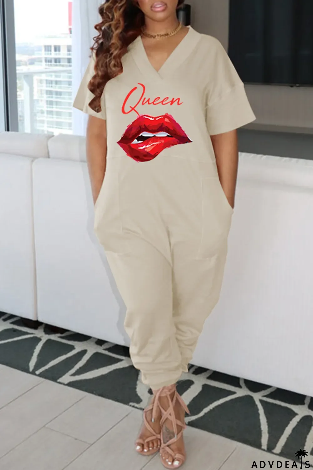 Green Fashion Casual Print Basic V Neck Regular Jumpsuits