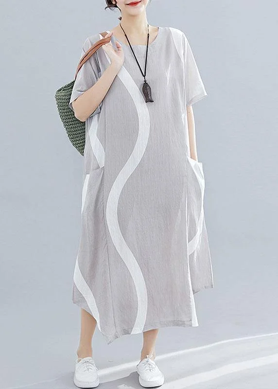 Women o neck asymmetric cotton clothes For Women design light gray striped Maxi Dresses summer