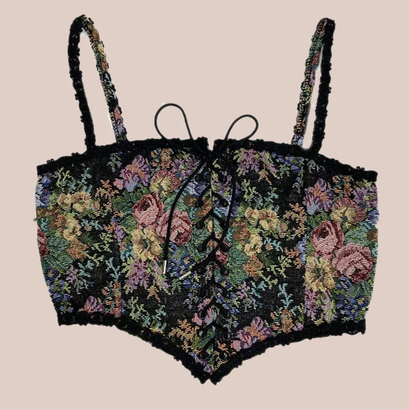 Billionm French Vintage Corset Tops To Wear Out Sexy Floral Corsets Bustier Crop Top Tank Lace Up Women Flower Camisole