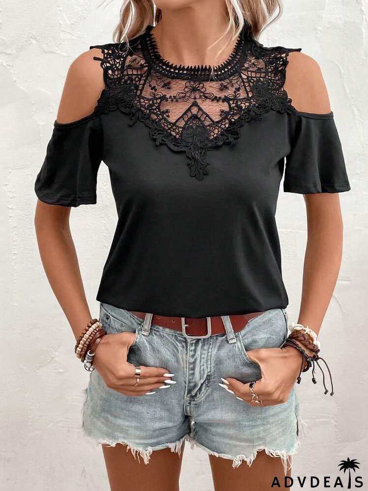 Cold Shoulder Guipure Lace Insert Tee