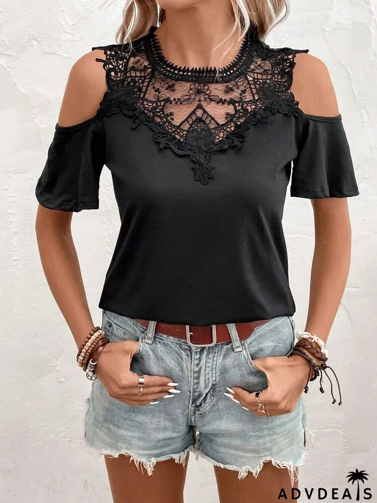 Cold Shoulder Guipure Lace Insert Tee