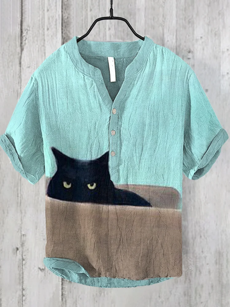 Japanese Black Cat Print Men's Linen V-Neck Shirt