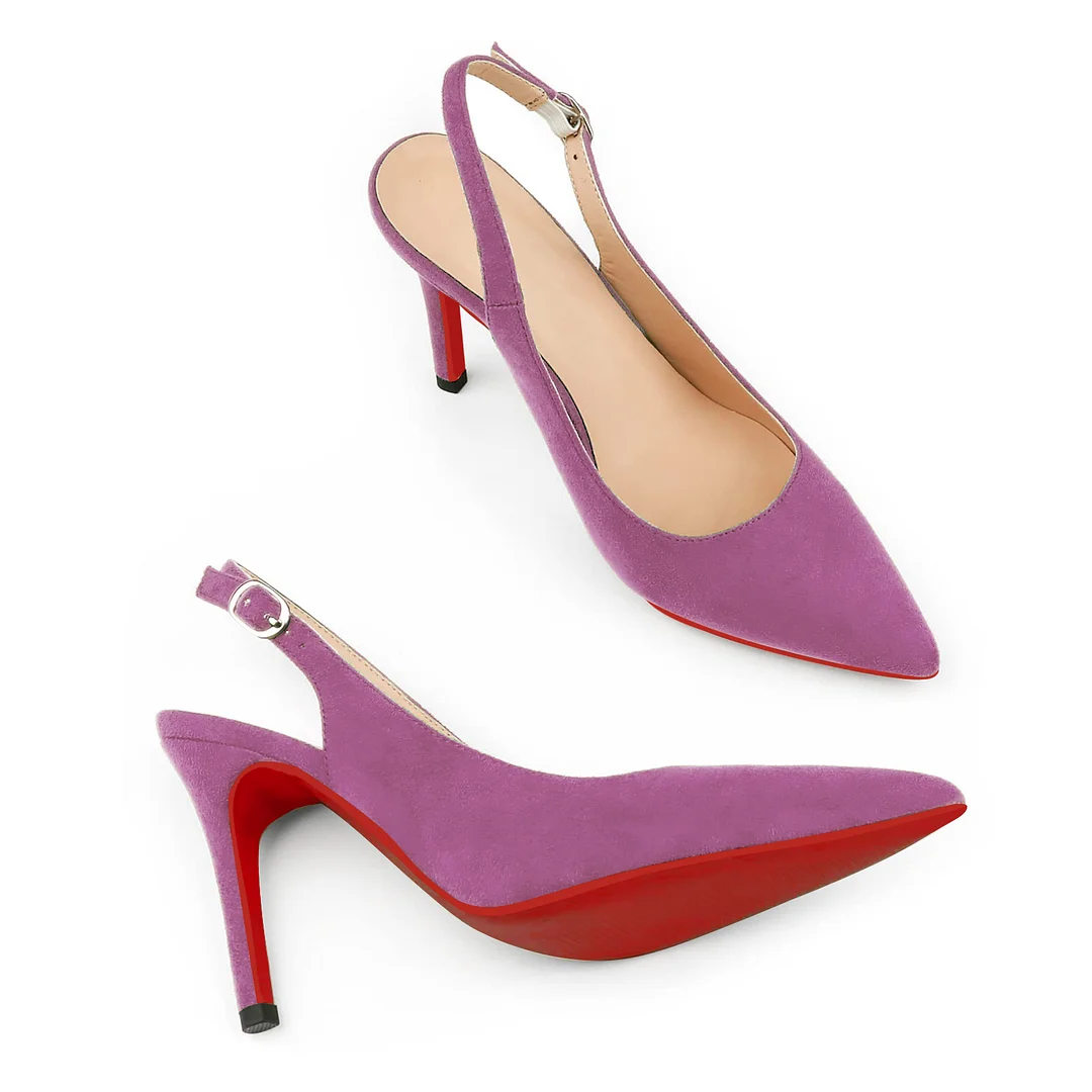90mm Mid Heels for Women Slingback Pumps Sandals Pointed Toe Pumps Red Bottoms Suede Shoes-MERUMOTE