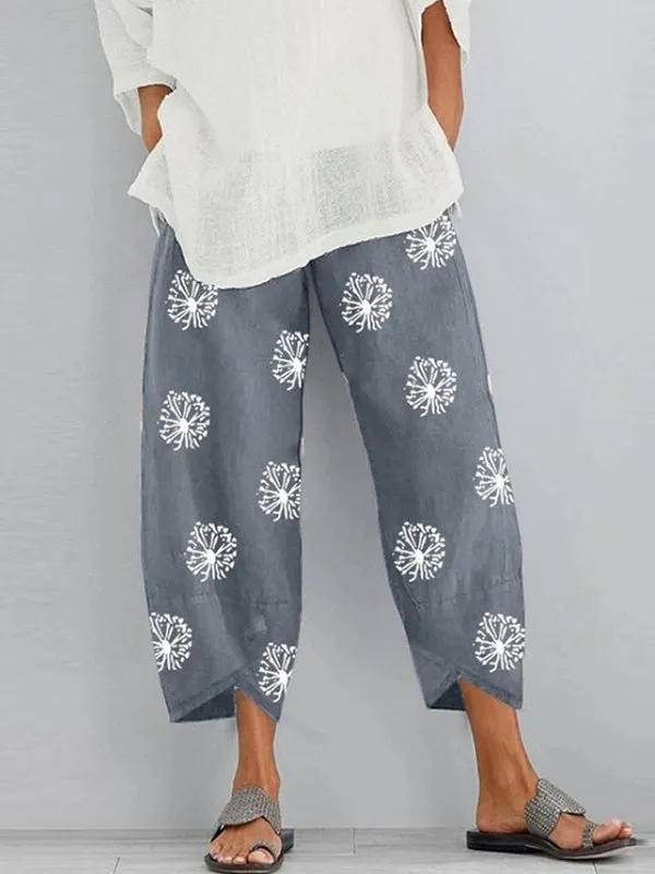 Loose Flower Print Pockets Split-Joint Pants Trousers