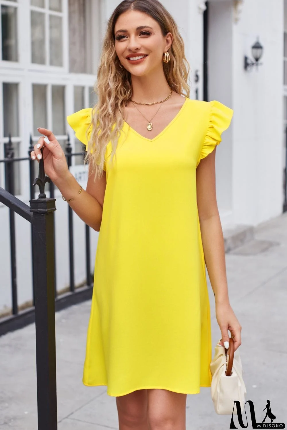 MidiSono - Ruffled V-Neck Flutter Sleeve Dress