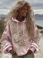 Women's Classic Romantic White Rose Embroidery Art Comfy Hoodie - Image 2