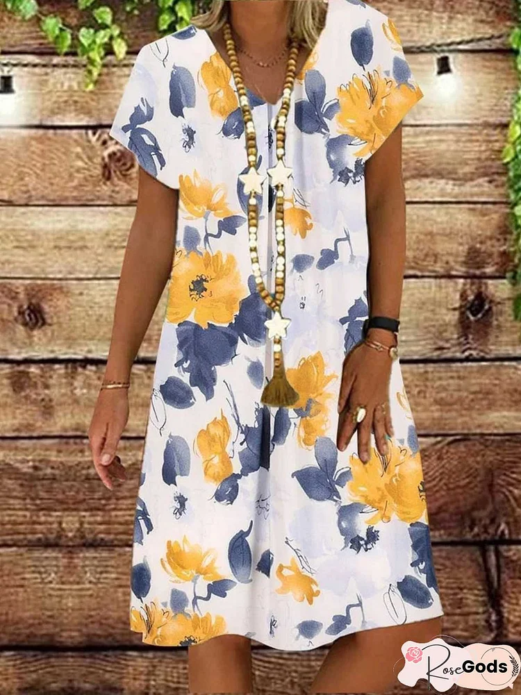 V Neck Floral Short Sleeve Printed Weaving Dress