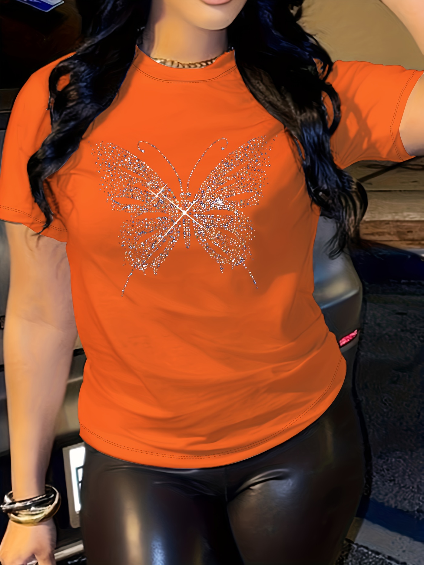 Vibrant Butterfly Graphic Print Crew Neck Short Sleeve T-Shirt - Soft Mid-Elasticity Polyester Fabric, Semi-Sheer, Regular Length, Machine Washable, Perfect For Summer And Spring - Womens Casual Wear | IFYHOME