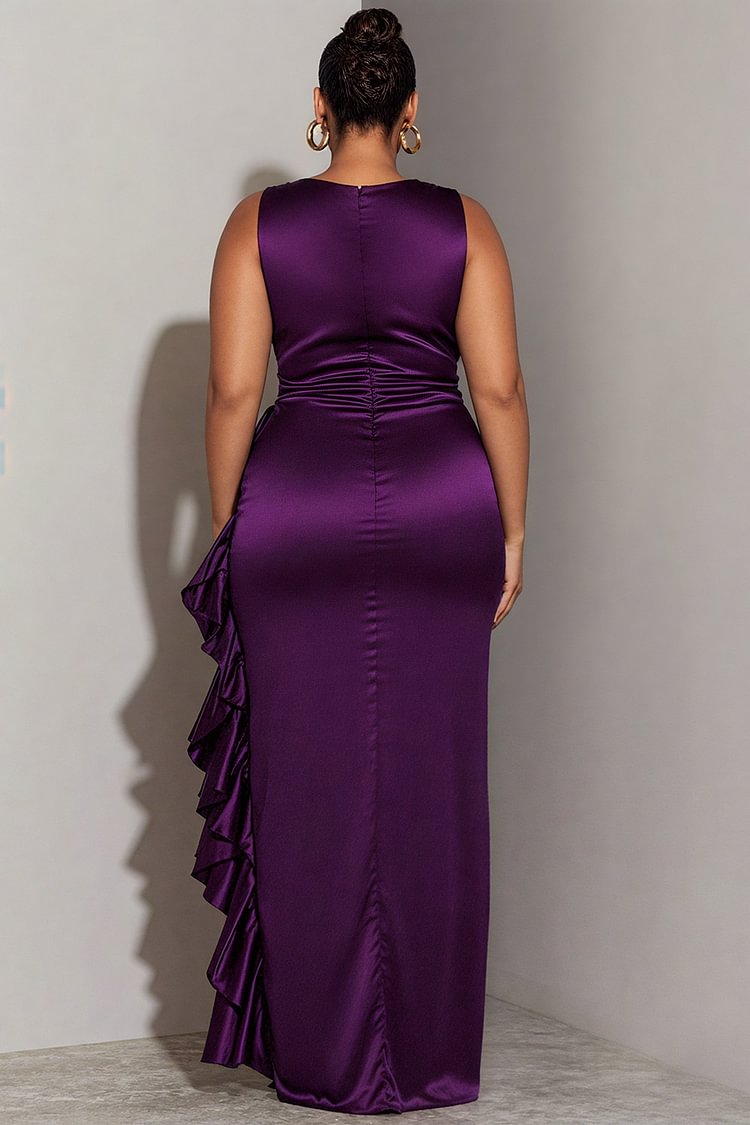 Xpluswear Design Plus Size Cocktail Party Purple Wrap Neck Split Elegant Ruffle Satin Maxi Dresses [Pre-Order]
