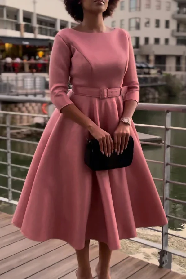 Elegant A-Line Solid Color 3/4 Length Sleeve Belt Midi Dress