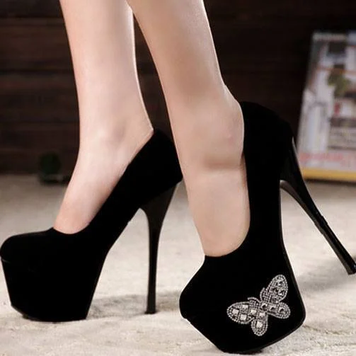 Black Suede Butterfly Rhinestone Platform Heels Pumps Vdcoo