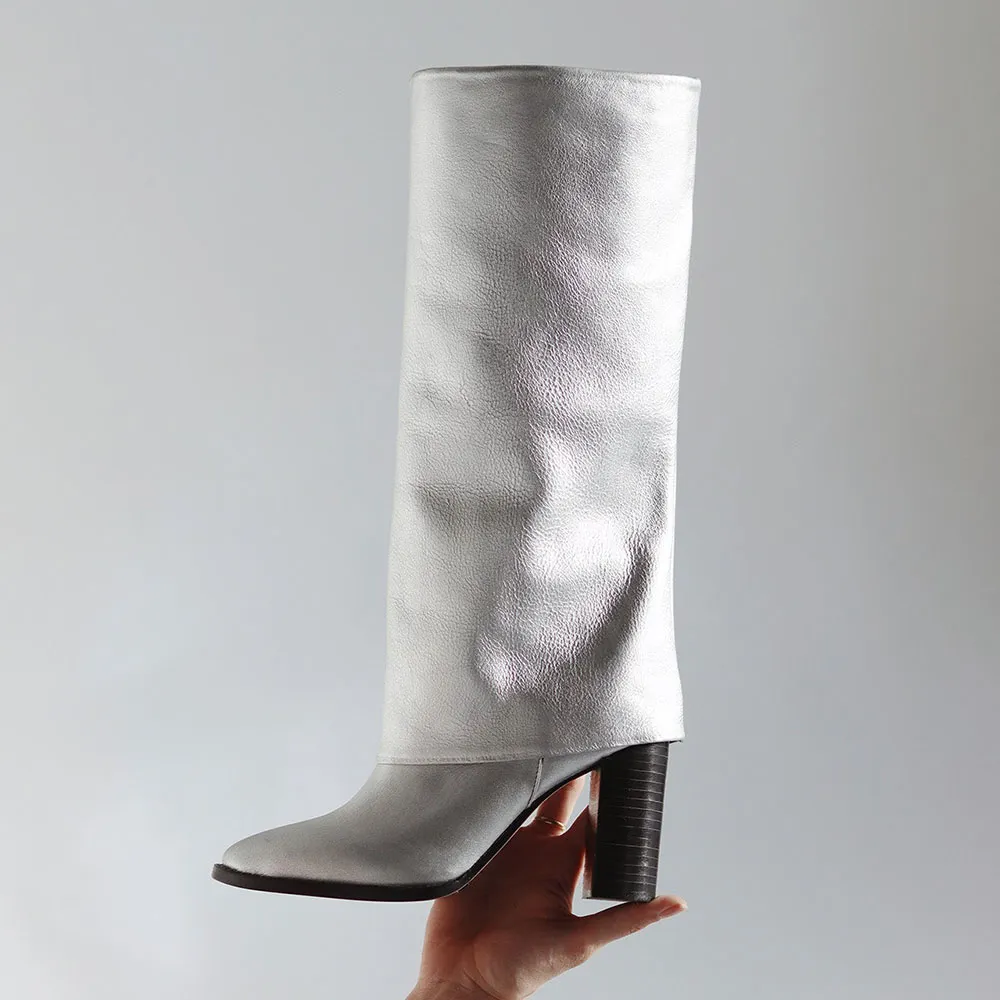 Women's Silver Closed Toe Chunky Heel Knee High Fold Over Boots