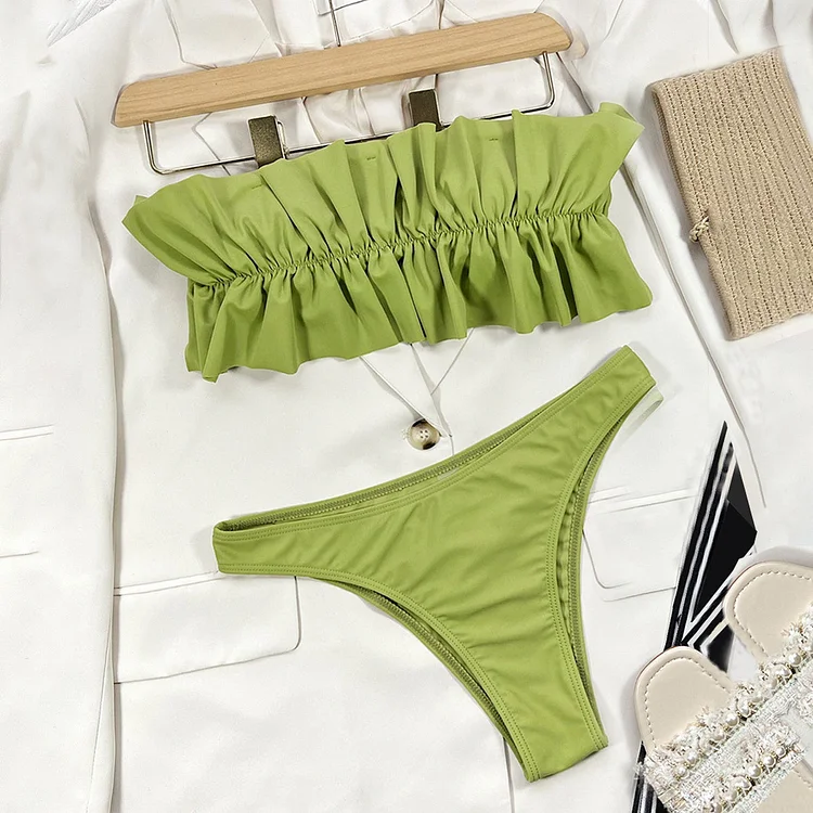 Flaxmaker Bandeau Solid Color Bikini Swimsuit (Size runs small)