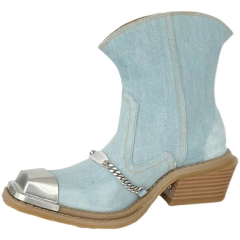 Metal Square Toe Cowboy Boots Women's Thick Heel-PABIUYOU- Women's Fashion Leader