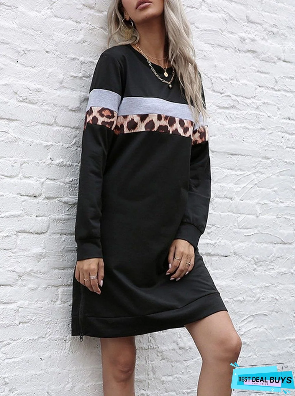 Autumn Leopard Print Mid-length Loose Round Neck Dress Black Dresses