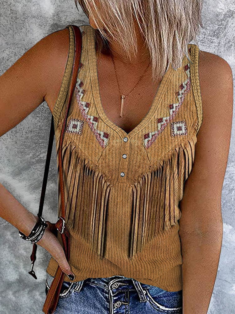Comstylish Western Tassel Print V-Neck Sleeveless Tank Top