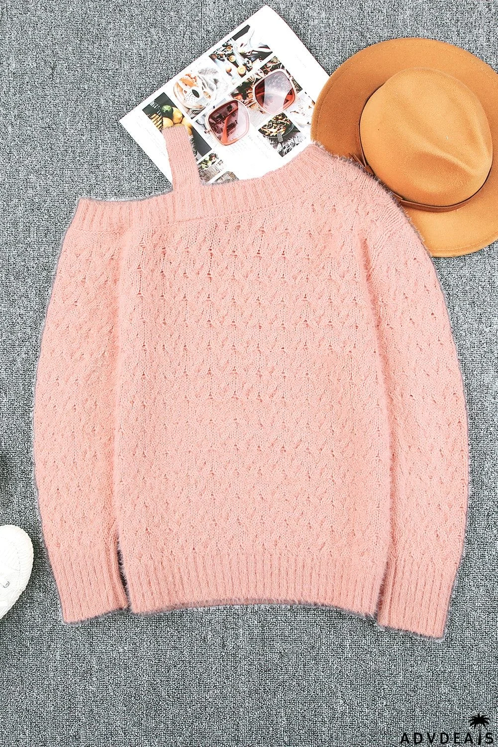 Pink Cold Shoulder Eyelash Sweater