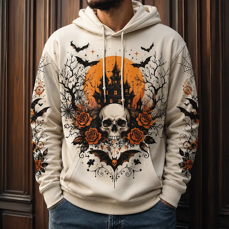 Men's Casual Hooded Sweatshirt In Off-white With Gothic Skull, Haunted Castle, Moon, Bats, And Rose Floral Print
